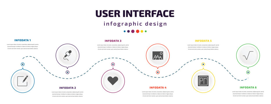user interface infographic element with icons and 6 step or option. user interface icons such as compose, mic interface, hearth, image with mountains, premier, square root vector. can be used for