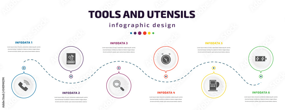 Poster tools and utensils infographic element with icons and 6 step or option. tools and utensils icons suc