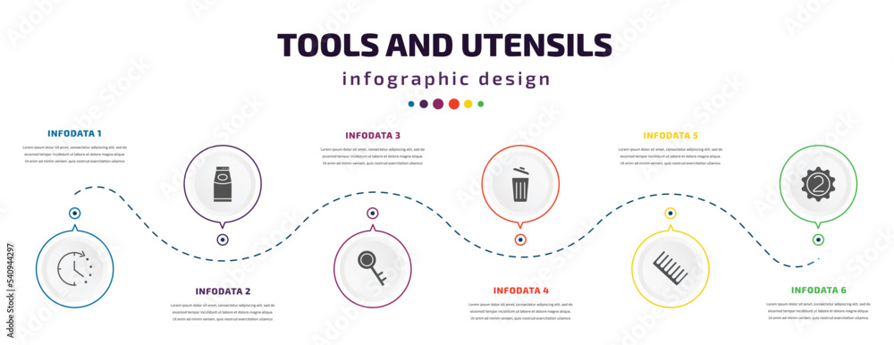 Poster tools and utensils infographic element with icons and 6 step or option. tools and utensils icons suc
