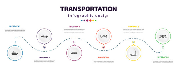 transportation infographic element with icons and 6 step or option. transportation icons such as cruiser, dugout canoe, ferry boat, crop duster, kick scooter, motorbike vector. can be used for - obrazy, fototapety, plakaty