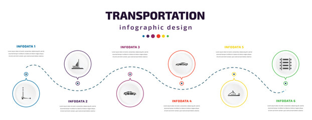 transportation infographic element with icons and 6 step or option. transportation icons such as micro scooter, catamaran, sedan, sports car, pt boat, railway line vector. can be used for banner,