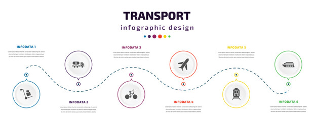Fototapeta na wymiar transport infographic element with icons and 6 step or option. transport icons such as carrier, gas truck, bicycle side view, airplane pointing up, tram stop, luxury yacht vector. can be used for