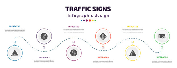 traffic signs infographic element with icons and 6 step or option. traffic signs icons such as humps, no doubt, no straight, side road, narrow road, caravan vector. can be used for banner, info
