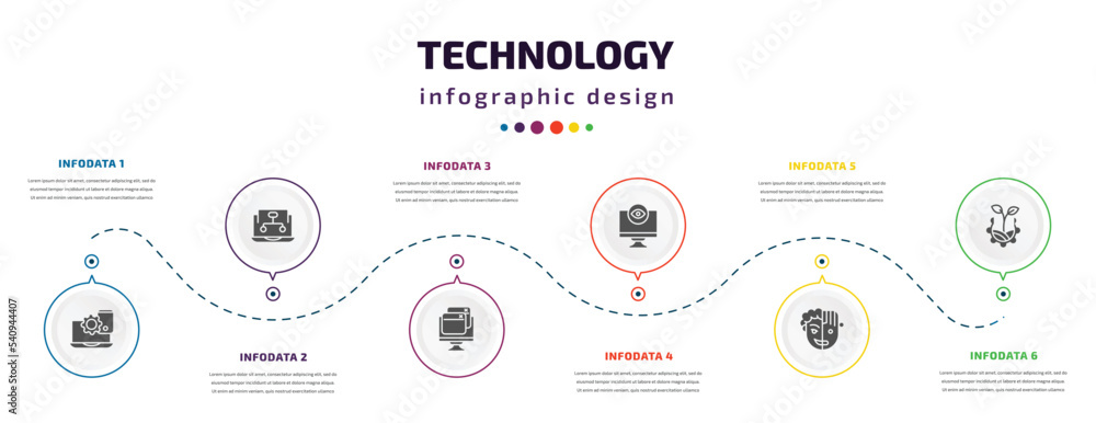 Aufkleber technology infographic element with icons and 6 step or option. technology icons such as website opt