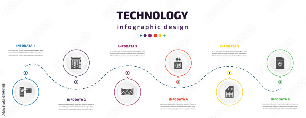 Poster technology infographic element with icons and 6 step or option. technology icons such as video camer