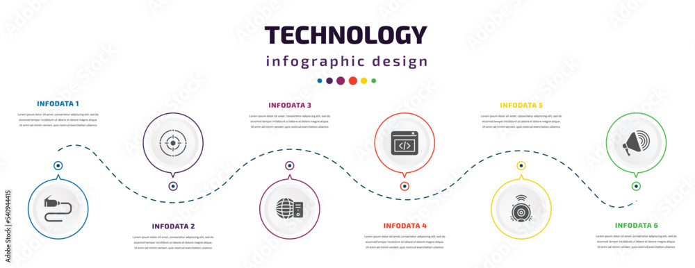 Aufkleber technology infographic element with icons and 6 step or option. technology icons such as wired conne