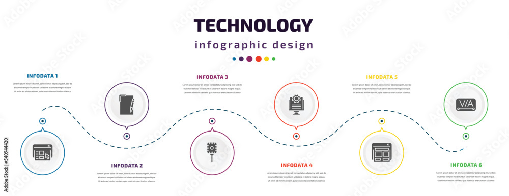 Poster technology infographic element with icons and 6 step or option. technology icons such as user interf