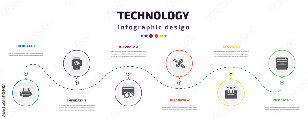 Poster technology infographic element with icons and 6 step or option. technology icons such as paper print