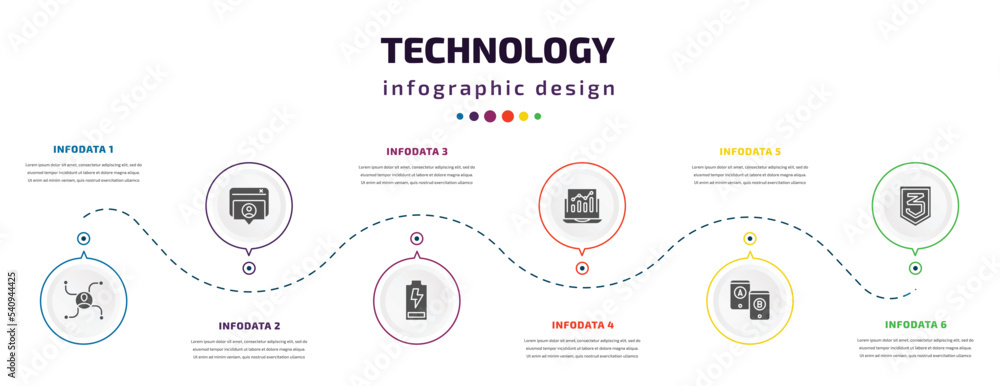 Poster technology infographic element with icons and 6 step or option. technology icons such as affiliate m