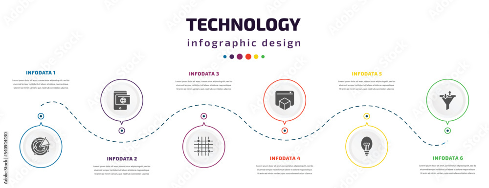 Poster technology infographic element with icons and 6 step or option. technology icons such as radar sweep