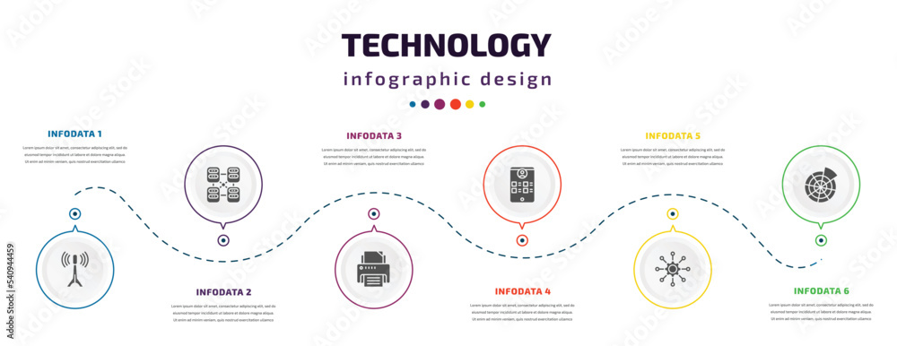 Poster technology infographic element with icons and 6 step or option. technology icons such as internet va