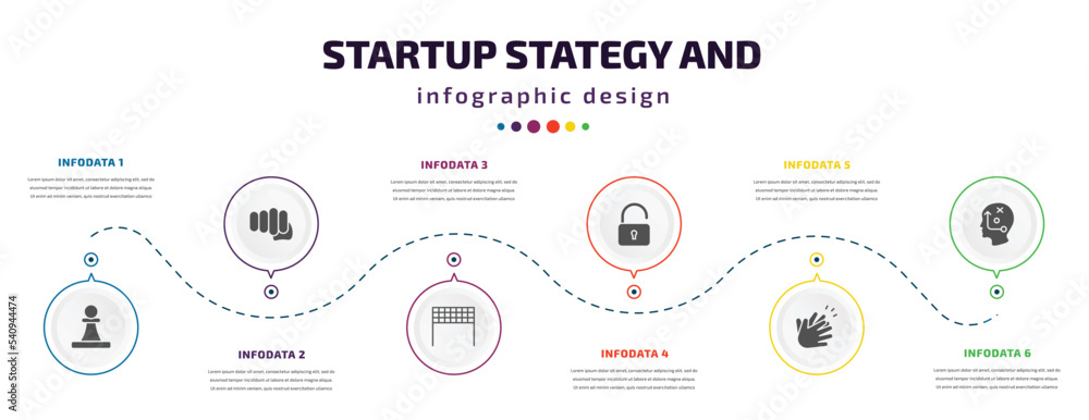 Poster startup stategy and infographic element with icons and 6 step or option. startup stategy and icons s