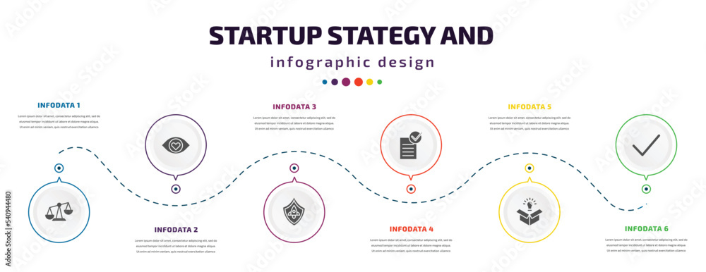 Aufkleber startup stategy and infographic element with icons and 6 step or option. startup stategy and icons s