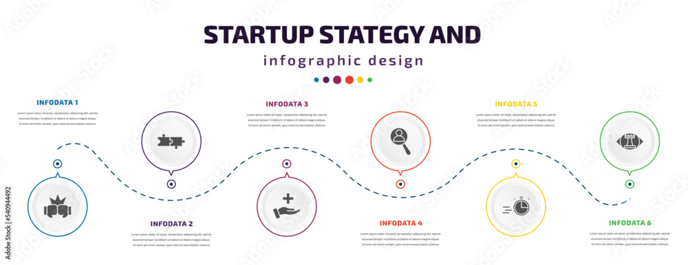 Poster startup stategy and infographic element with icons and 6 step or option. startup stategy and icons s