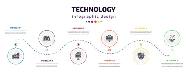 technology infographic element with icons and 6 step or option. technology icons such as website optimization, sitemaps, virtual hine, retina display, humanoid robot, organic vector. can be used for - obrazy, fototapety, plakaty