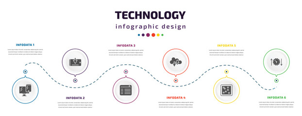 technology infographic element with icons and 6 step or option. technology icons such as responsive web de, receive, attributes, internet traffic, raster images, uptime and downtime vector. can be - obrazy, fototapety, plakaty