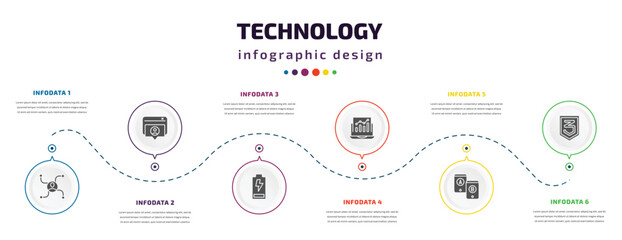 technology infographic element with icons and 6 step or option. technology icons such as affiliate marketing, user-generated content, battery levels, analysis process, a/b testing, css3 vector. can