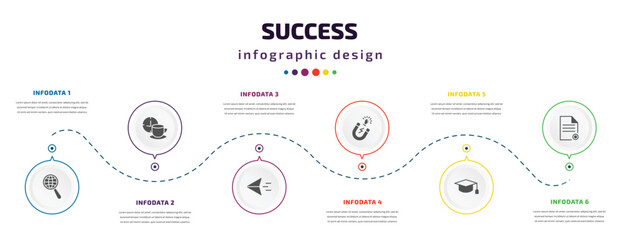Fototapeta na wymiar success infographic element with icons and 6 step or option. success icons such as exploration, coffee break, paper plane, idea magnet, mortarboard, project vector. can be used for banner, info