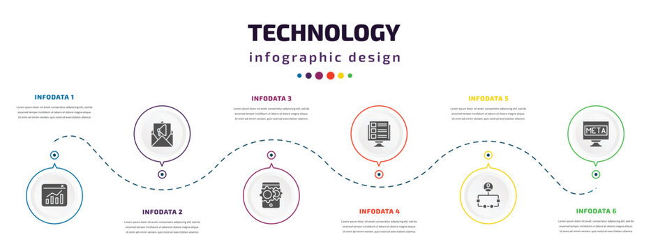 Technology Infographic Element With Icons And 6 Step Or Option. Technology Icons Such As Data Visualization, Email Marketing, Hybrid App, Front End, User Flow, Meta Elements Vector. Can Be Used For