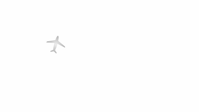 Animated silver plane flies along circle a trajectory. Concept of airplane travel. Trip around the world. Looped video. Flat illustration isolated on a white background. 