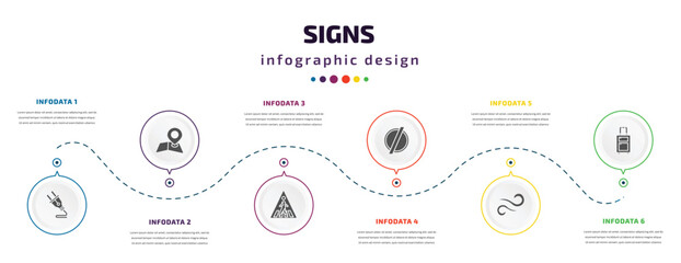 Fototapeta na wymiar signs infographic element with icons and 6 step or option. signs icons such as plug, map and map pointer, crossing, empty, wind, suitcase vector. can be used for banner, info graph, web,
