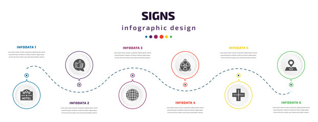 signs infographic element with icons and 6 step or option. signs icons such as square hotel, positive, grid world, toxic, addition thick, maps and location vector. can be used for banner, info