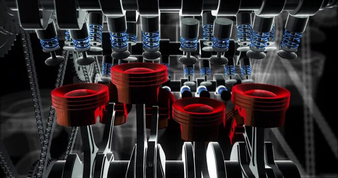 V8 Engine Animation With Moving Engine Parts. Valves And Crankshaft. Machines And Industry Related 4K 3D Animation.
