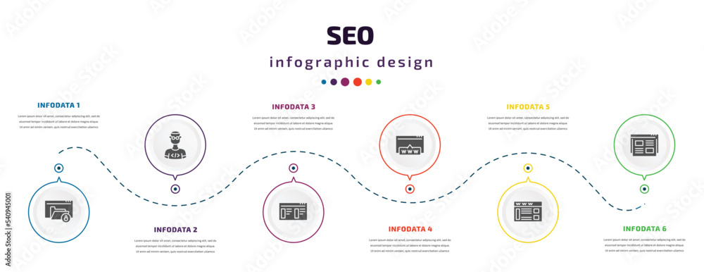 Poster seo infographic element with icons and 6 step or option. seo icons such as encripted file, developer