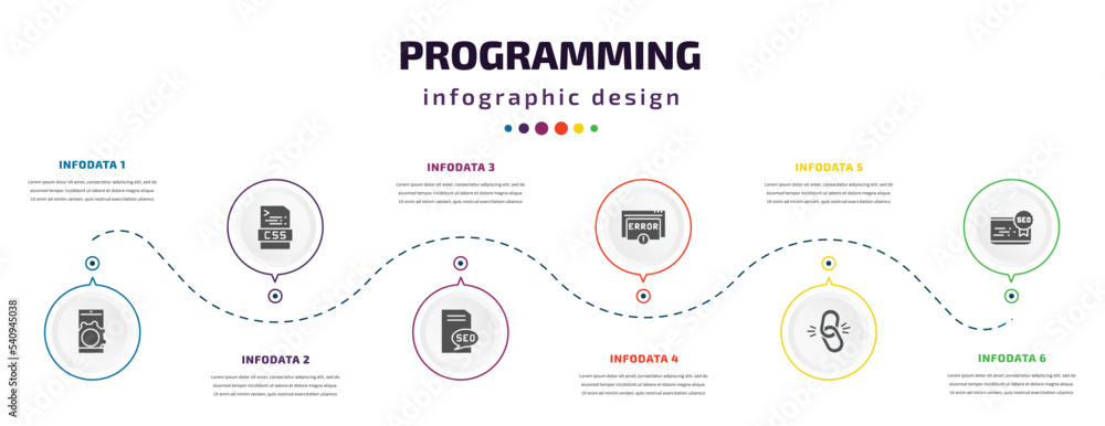 Poster programming infographic element with icons and 6 step or option. programming icons such as mobile ap