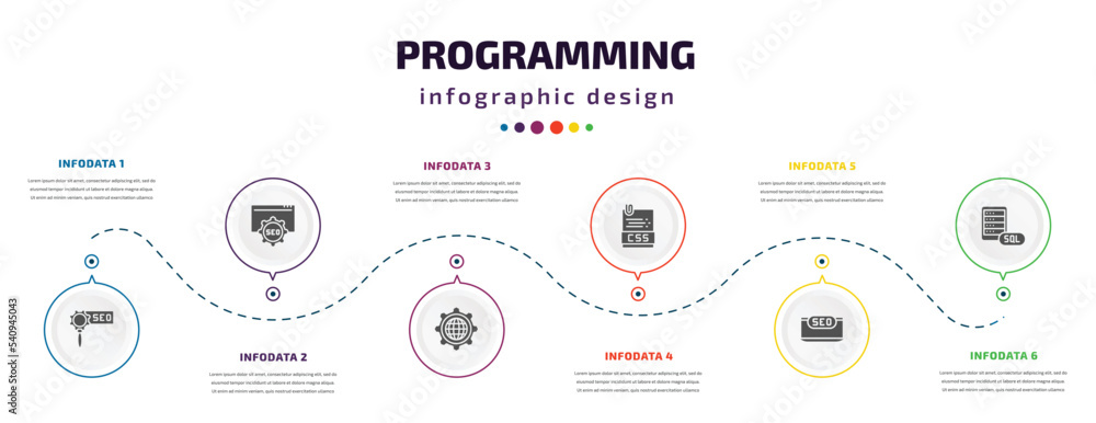 Poster programming infographic element with icons and 6 step or option. programming icons such as advertisi