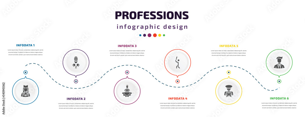 Aufkleber professions infographic element with icons and 6 step or option. professions icons such as air hoste