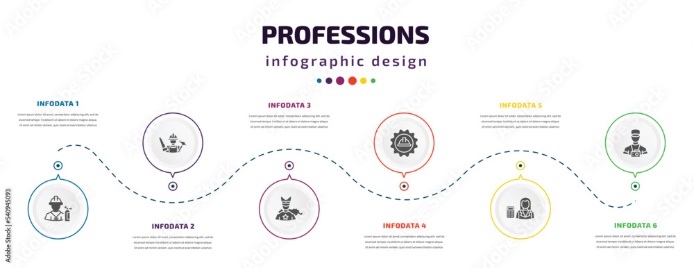 Poster professions infographic element with icons and 6 step or option. professions icons such as fireman, 