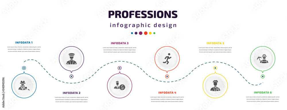 Poster professions infographic element with icons and 6 step or option. professions icons such as detective