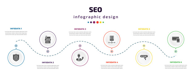 seo infographic element with icons and 6 step or option. seo icons such as encryption, , seo growth, server, web domain, responsive vector. can be used for banner, info graph, web, presentations.