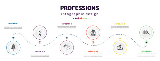 professions infographic element with icons and 6 step or option. professions icons such as journalist, cricket player, barber, hunter, cooker, guide vector. can be used for banner, info graph, web,