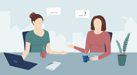 Two women speak and discuss on Appointment at Office, Working Together, Planning, Learning work skill by watching video tutorial on laptop screen. Teamwork concept graphic design vector illustration