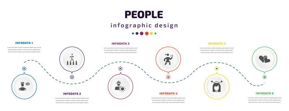 people infographic element with icons and 6 step or option. people icons such as monologue, crossing road, layer working, woman taking a photo, japanese geisha, two hearts vector. can be used for