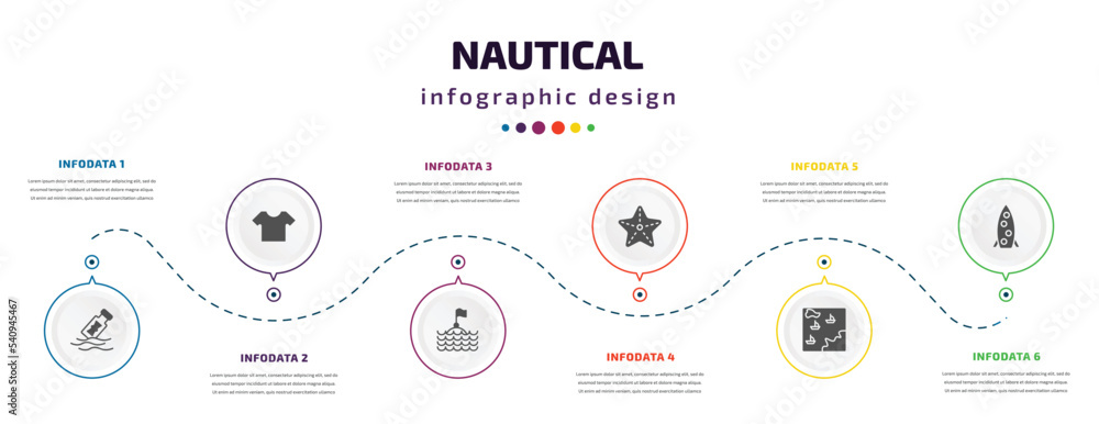 Poster nautical infographic element with icons and 6 step or option. nautical icons such as message in a bo