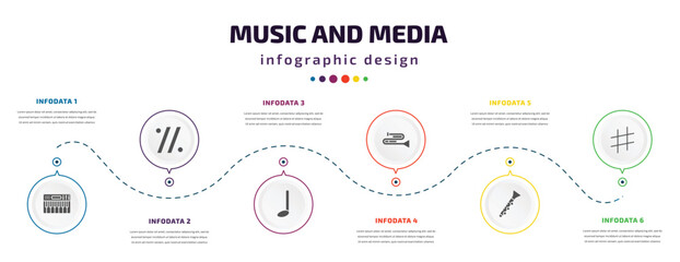 music and media infographic element with icons and 6 step or option. music and media icons such as synthesizer, simile, quarter note, trombone, oboe, sharp vector. can be used for banner, info