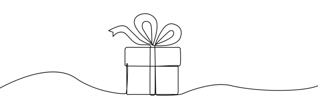 Gift box one line drawing. Continuous one line gift box.Presents with ribbon bow.Hand drawn greeting present box.Line art christmas surprise.