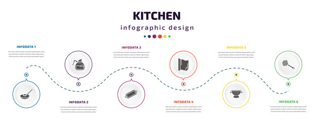 kitchen infographic element with icons and 6 step or option. kitchen icons such as frying pan, coffee pot, tray, aluminum foil, nder, honey dipper vector. can be used for banner, info graph, web,