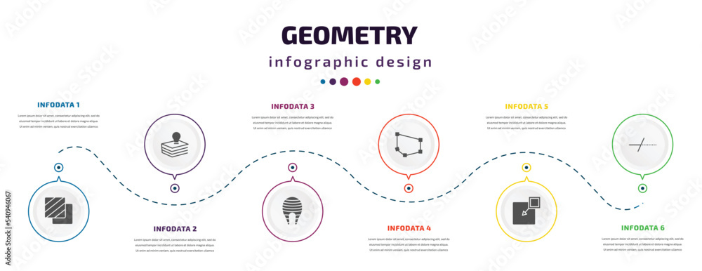 Poster geometry infographic element with icons and 6 step or option. geometry icons such as foreground, bas