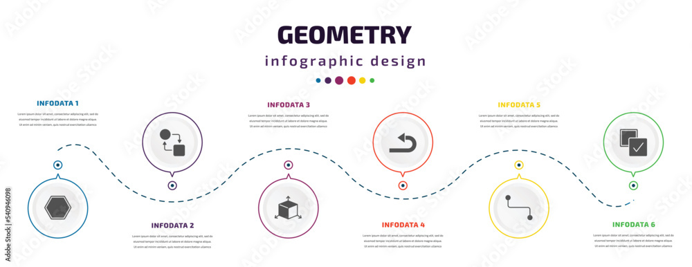 Poster geometry infographic element with icons and 6 step or option. geometry icons such as octagon, transf