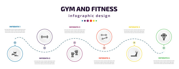 gym and fitness infographic element with icons and 6 step or option. gym and fitness icons such as sport wear, resistance, sport gloves, little dumbbell, running hine, broccoli porcion vector. can