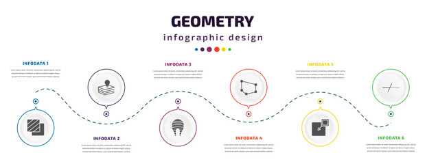 Fototapeta na wymiar geometry infographic element with icons and 6 step or option. geometry icons such as foreground, base, fillet, polygon, insert, trim vector. can be used for banner, info graph, web, presentations.