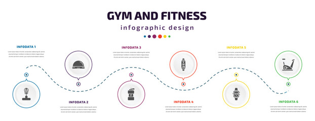 Fototapeta na wymiar gym and fitness infographic element with icons and 6 step or option. gym and fitness icons such as standing punching ball, bosu ball, isotonic, fitness tracker, sport watch, exercise bike vector.