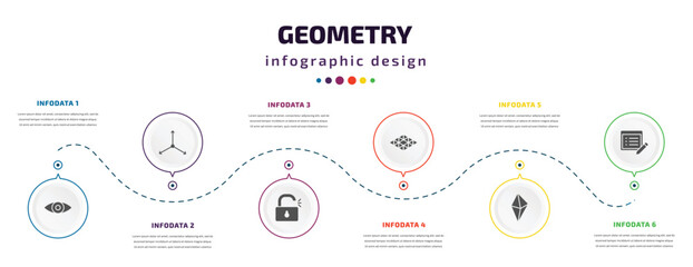geometry infographic element with icons and 6 step or option. geometry icons such as preview, axis, unlock, polygonal rhomb, octahedron, properties vector. can be used for banner, info graph, web,