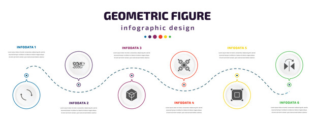 geometric figure infographic element with icons and 6 step or option. geometric figure icons such as reverse, polygonal coffee cup, hexahedron, polygonal windmill, bounding box, mirror horizontally