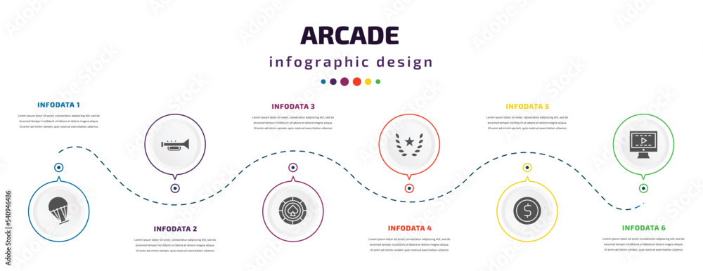 Poster arcade infographic element with icons and 6 step or option. arcade icons such as paraplane, soprano,