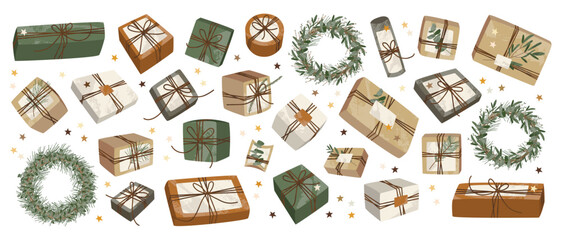 Christmas presents in kraft wrapping paper. Rustic craft gift box. Handmade decoration, DIY. Xmas and New Year celebration. Vector flat cartoon illustration - 540946440